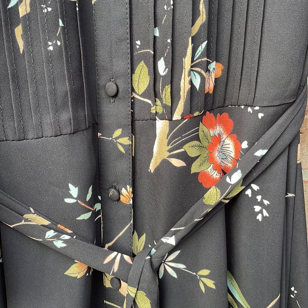 Nanette by Nanette Lepore Black Floral Pin tuck Dress Size 10 Tie Waist Buttons - Picture 5 of 14